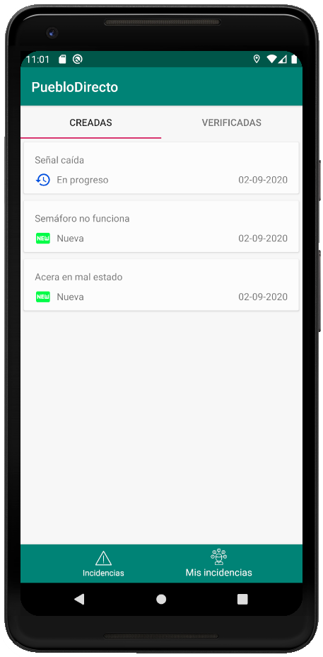 Pueblo Directo App Listado de Incidencias